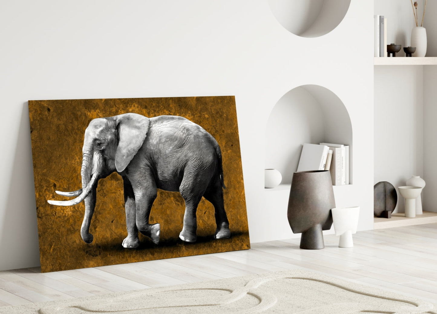 Grayscale Elephant Golden Backdrop Glass Wall Art