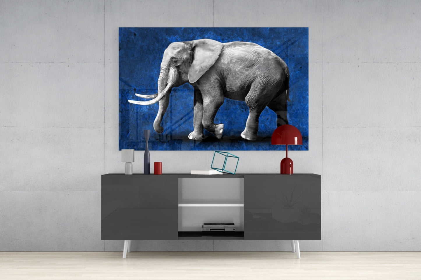 Grayscale Elephant Blue Backdrop Glass Wall Art