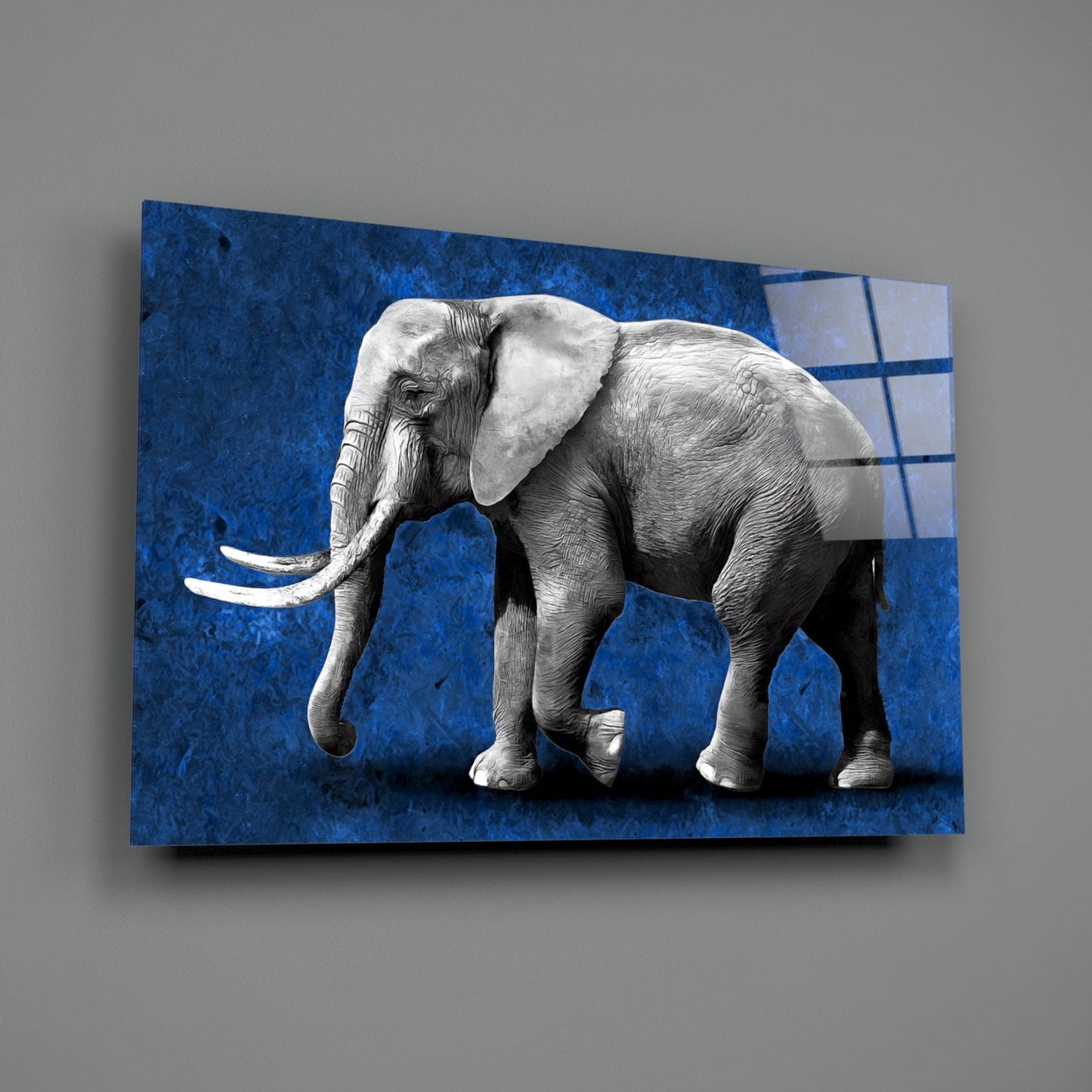 Grayscale Elephant Blue Backdrop Glass Wall Art