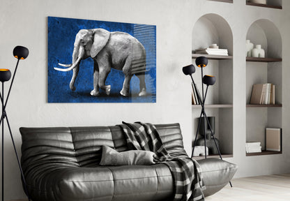 Grayscale Elephant Blue Backdrop Glass Wall Art