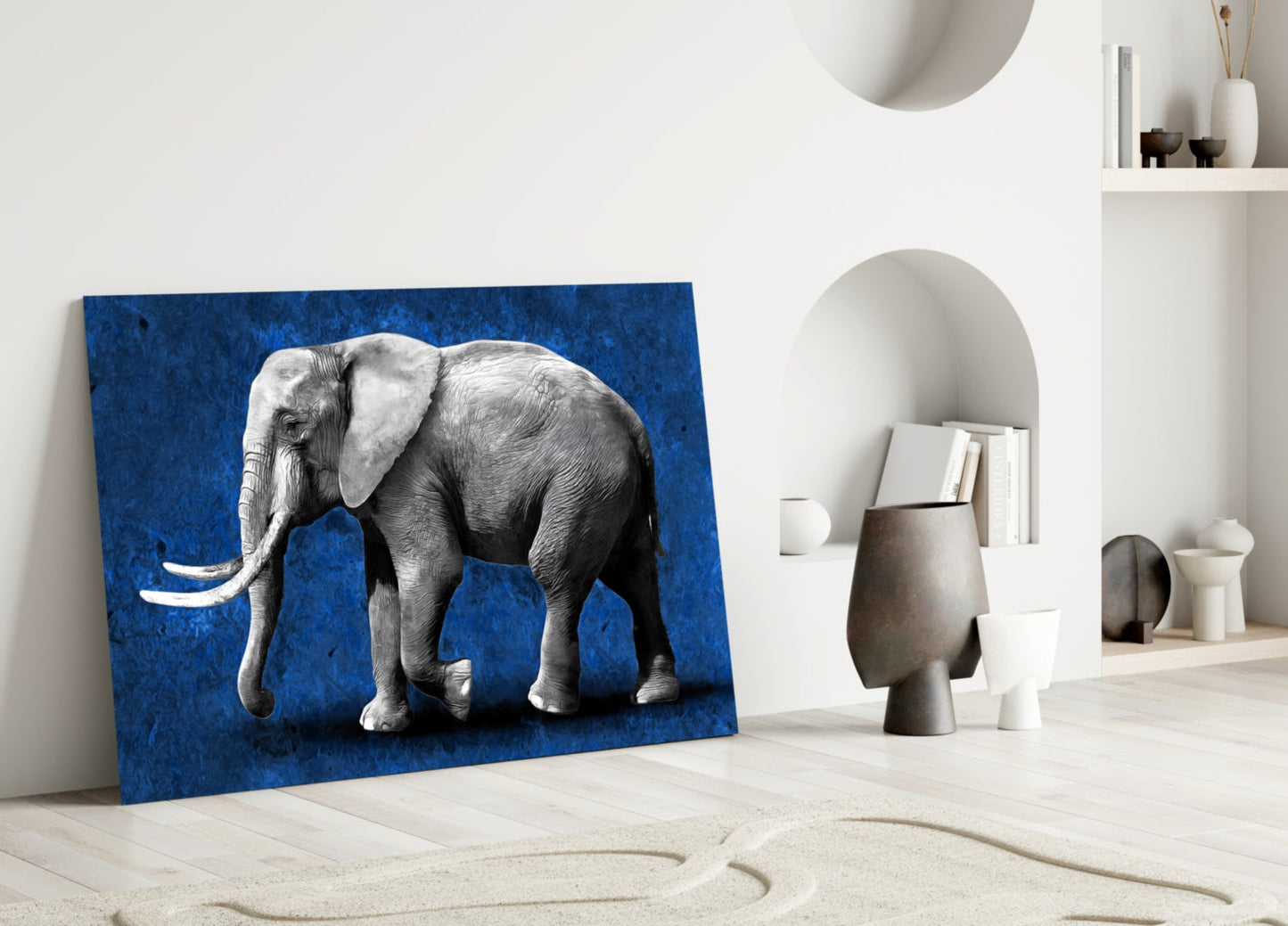 Grayscale Elephant Blue Backdrop Glass Wall Art