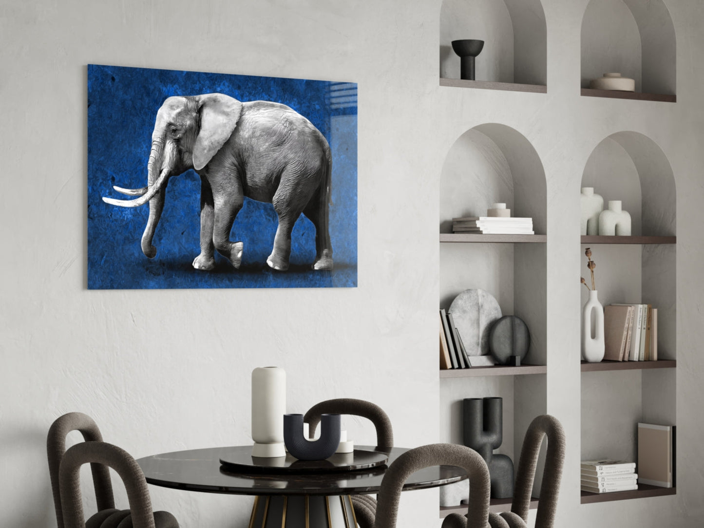 Grayscale Elephant Blue Backdrop Glass Wall Art