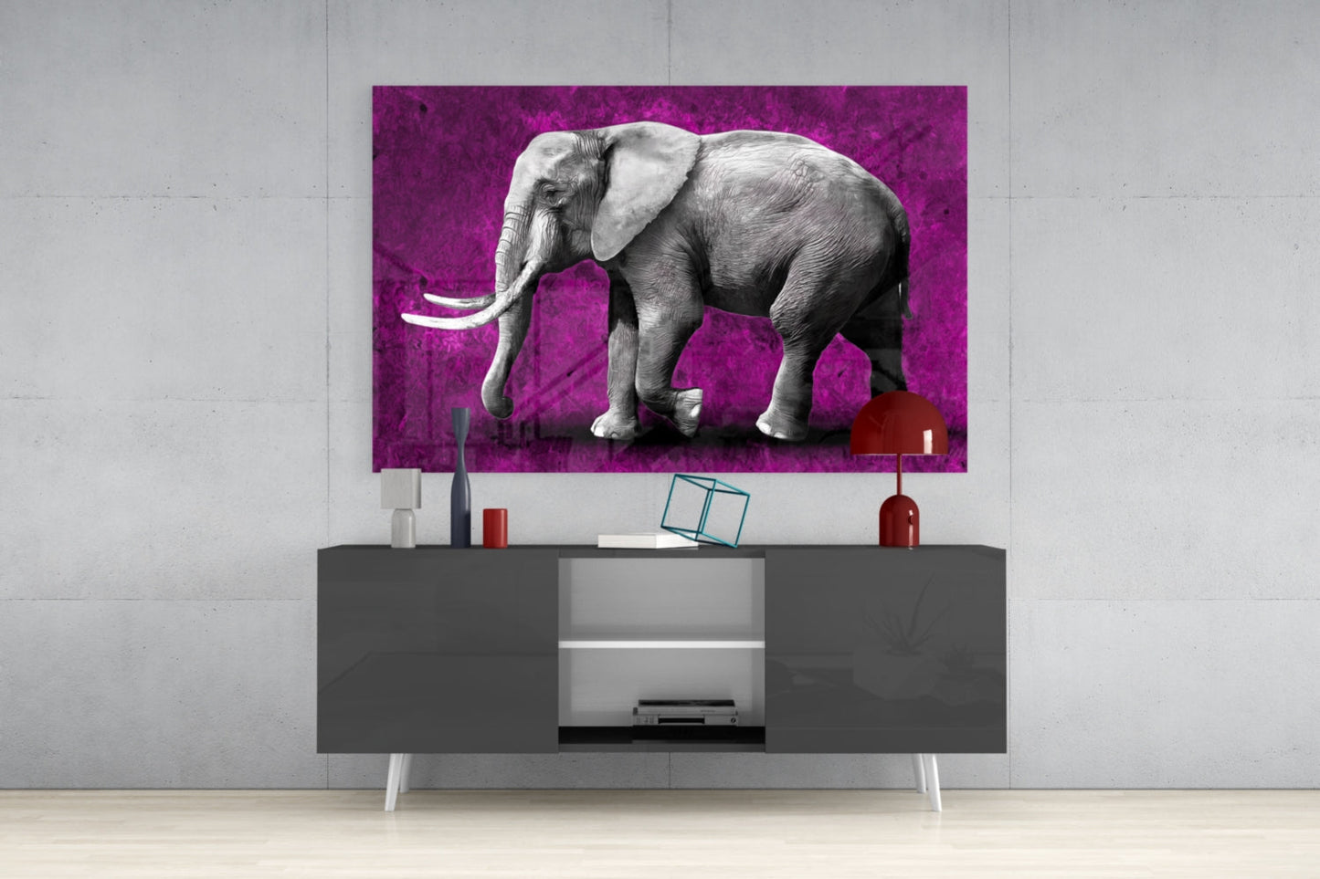 Grayscale Elephant Magenta Backdrop Glass Wall Art