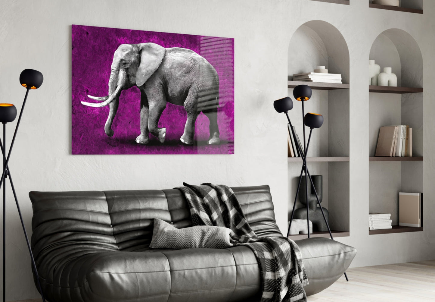 Grayscale Elephant Magenta Backdrop Glass Wall Art