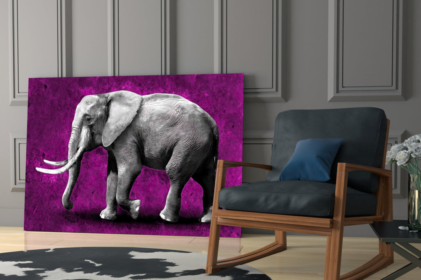 Grayscale Elephant Magenta Backdrop Glass Wall Art