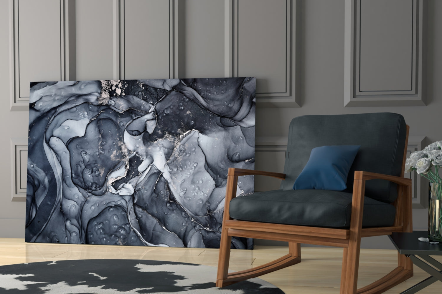 Gray Smoke Glass Wall Art displayed on wall behind mid-century wooden chair in modern interior setting.