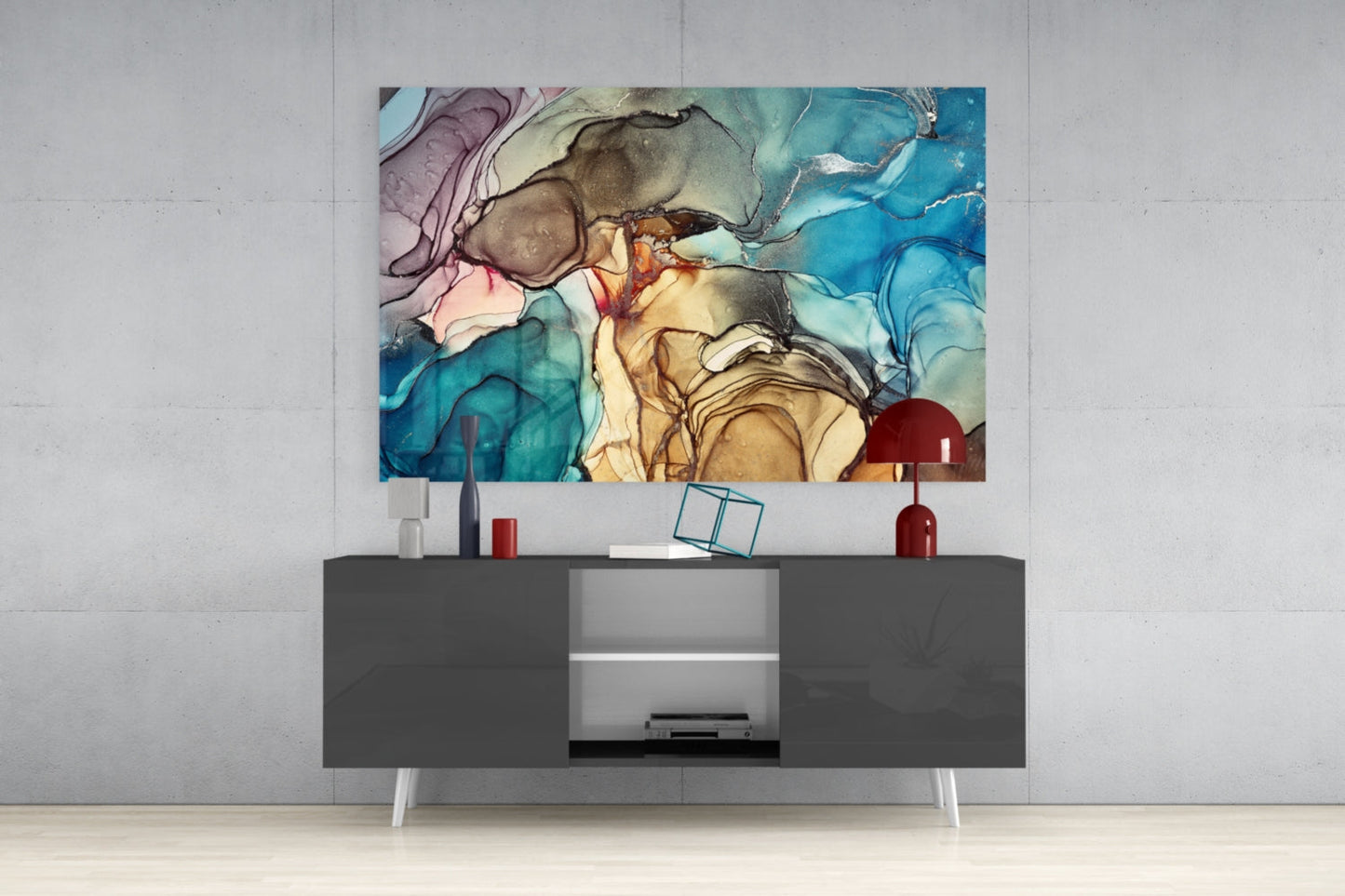 Blue and Amber Alcohol Ink Marble Glass Wall Art