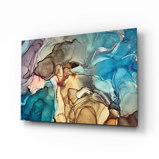 Angled perspective view of glass wall art with swirling blue, amber, and cream alcohol ink patterns with black ink lines, displayed against white background.