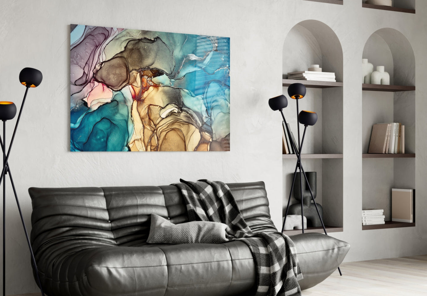 Blue and Amber Alcohol Ink Marble Glass Wall Art