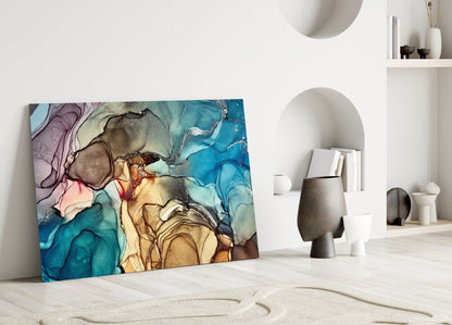 Blue and Amber Alcohol Ink Marble Glass Wall Art