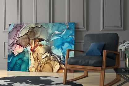 Blue and Amber Alcohol Ink Marble Glass Wall Art