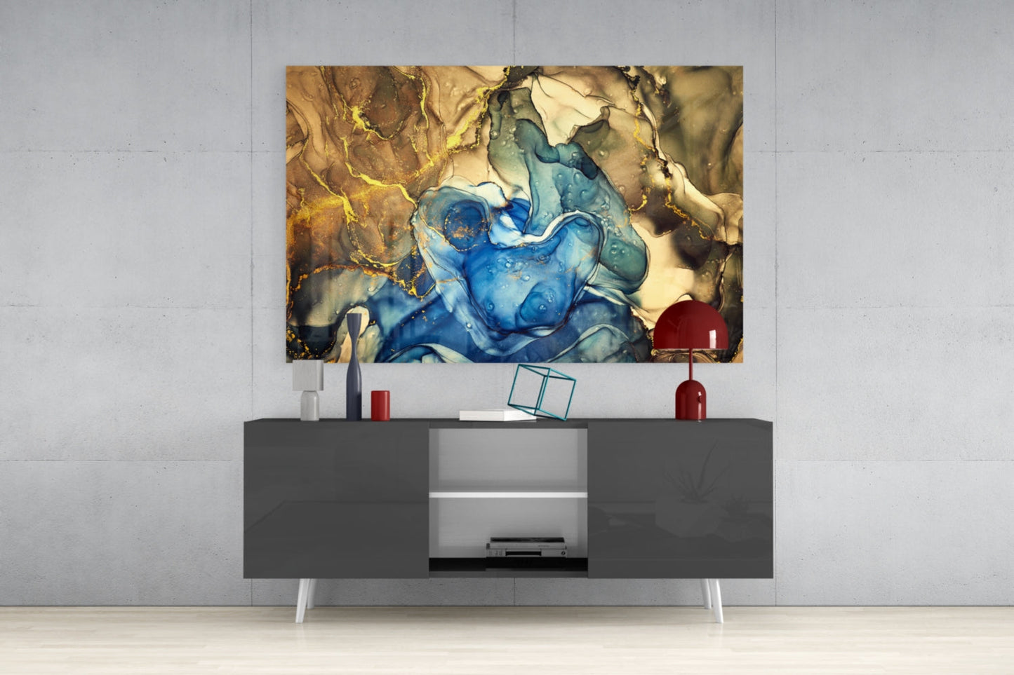 Sapphire Bloom in Golden Marble Glass Wall Art