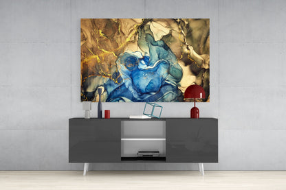 Sapphire Bloom in Golden Marble Glass Wall Art