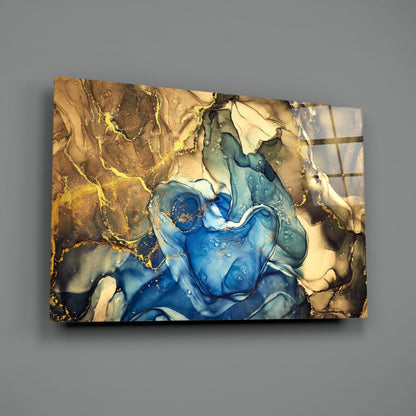Sapphire Bloom in Golden Marble Glass Wall Art