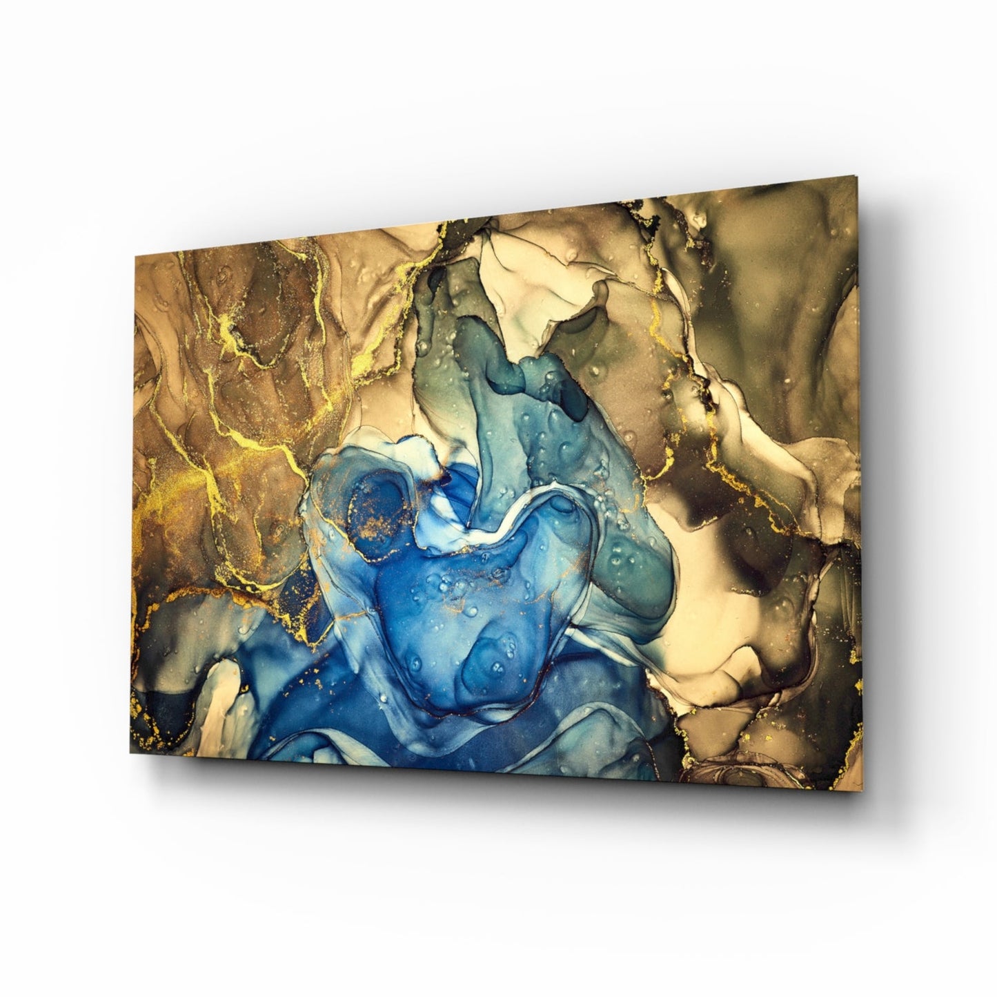 Sapphire Bloom in Golden Marble Glass Wall Art