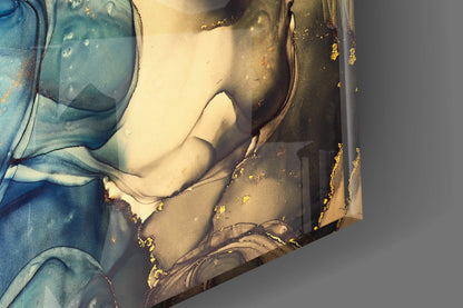 Sapphire Bloom in Golden Marble Glass Wall Art