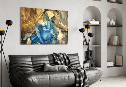Sapphire Bloom in Golden Marble Glass Wall Art