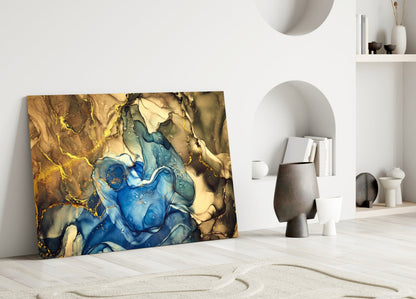 Sapphire Bloom in Golden Marble Glass Wall Art