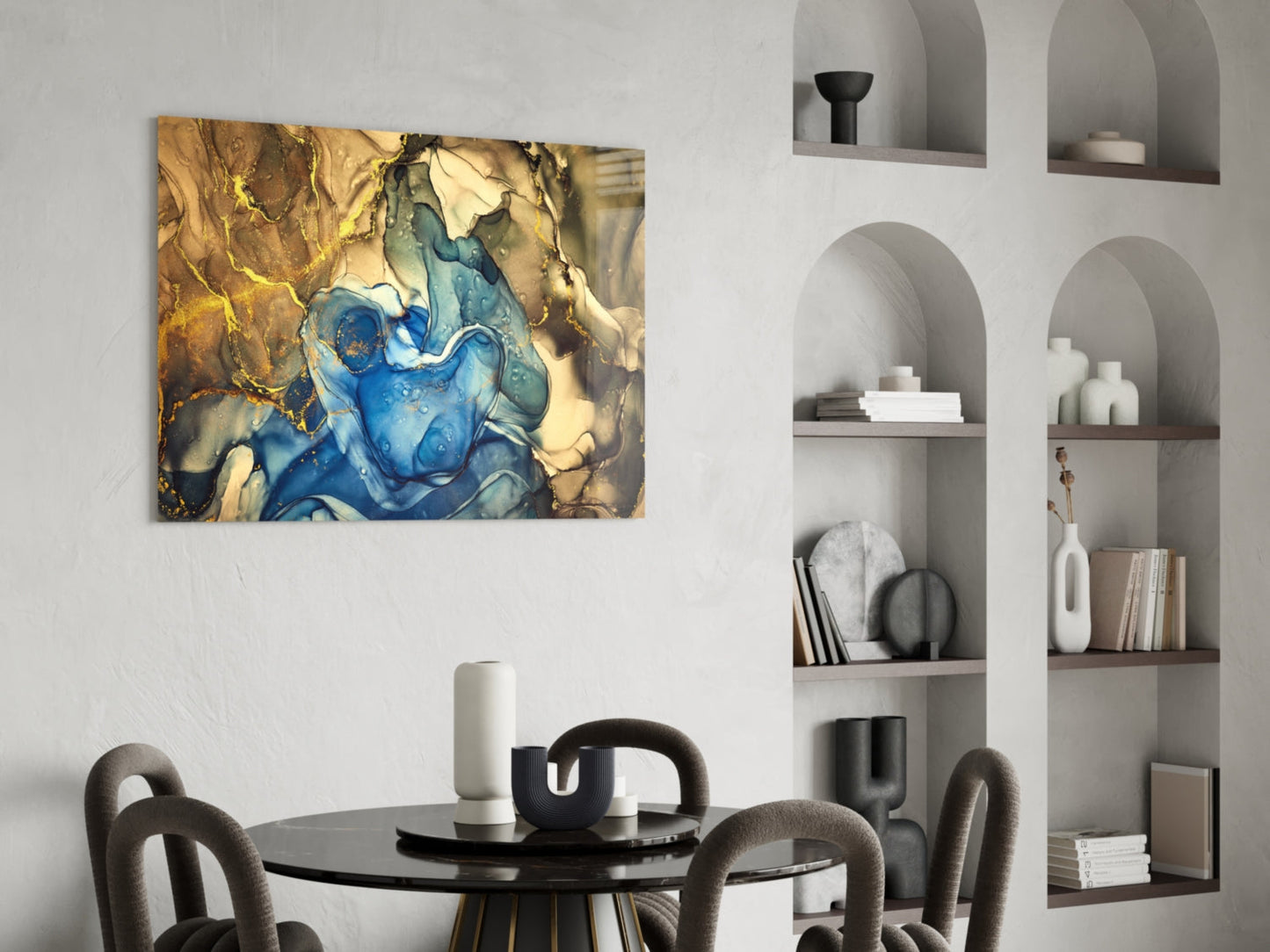 Sapphire Bloom in Golden Marble Glass Wall Art
