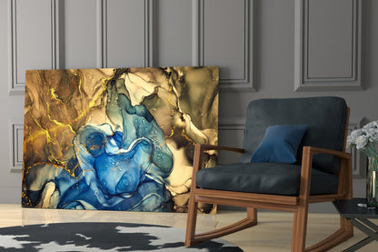 Sapphire Bloom in Golden Marble Glass Wall Art