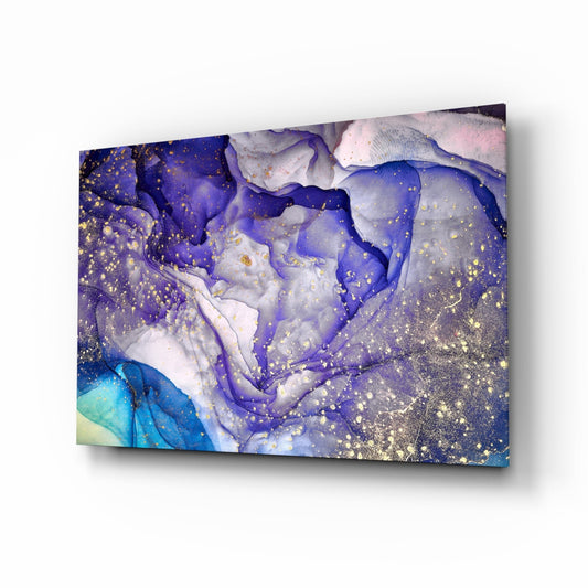 Angled view of glass wall art featuring swirling violet and white ink with gold sparkle accents on turquoise background.