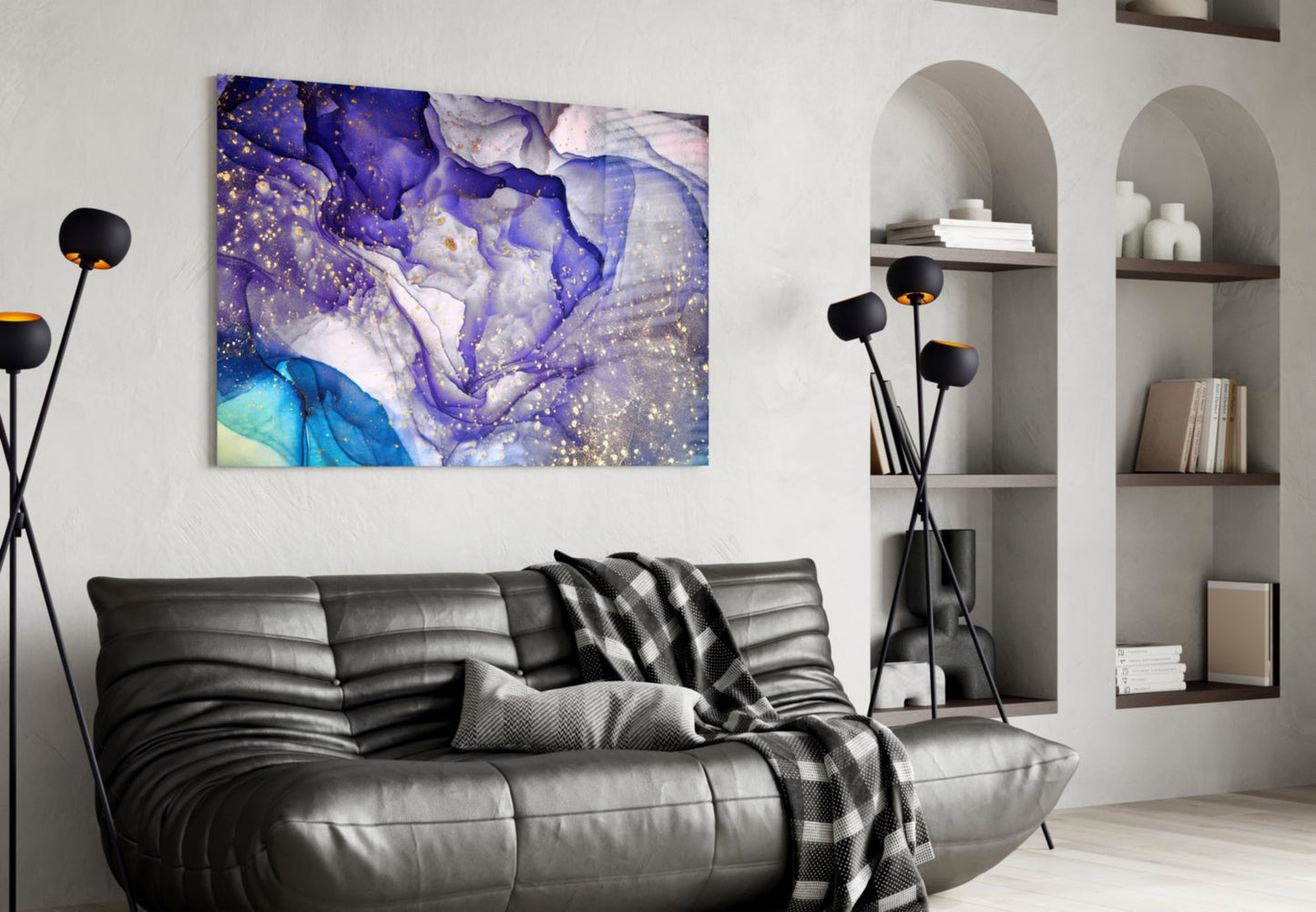 Violet Ink and Gold Splatter Glass Wall Art