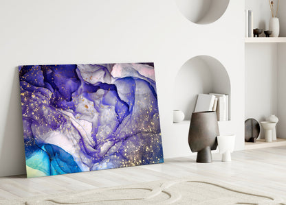 Violet Ink and Gold Splatter Glass Wall Art