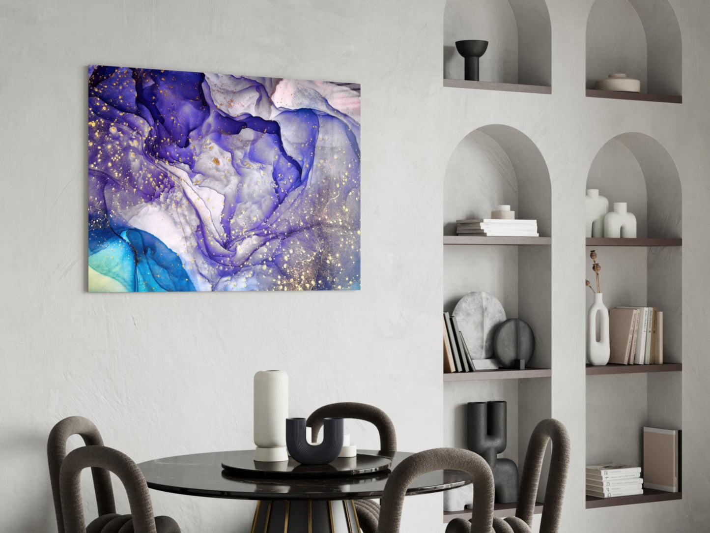 Violet Ink and Gold Splatter Glass Wall Art