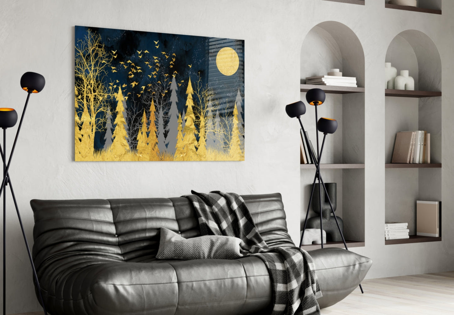Colors of the Night glass art displayed above black leather sofa in modern living room with arched shelving.