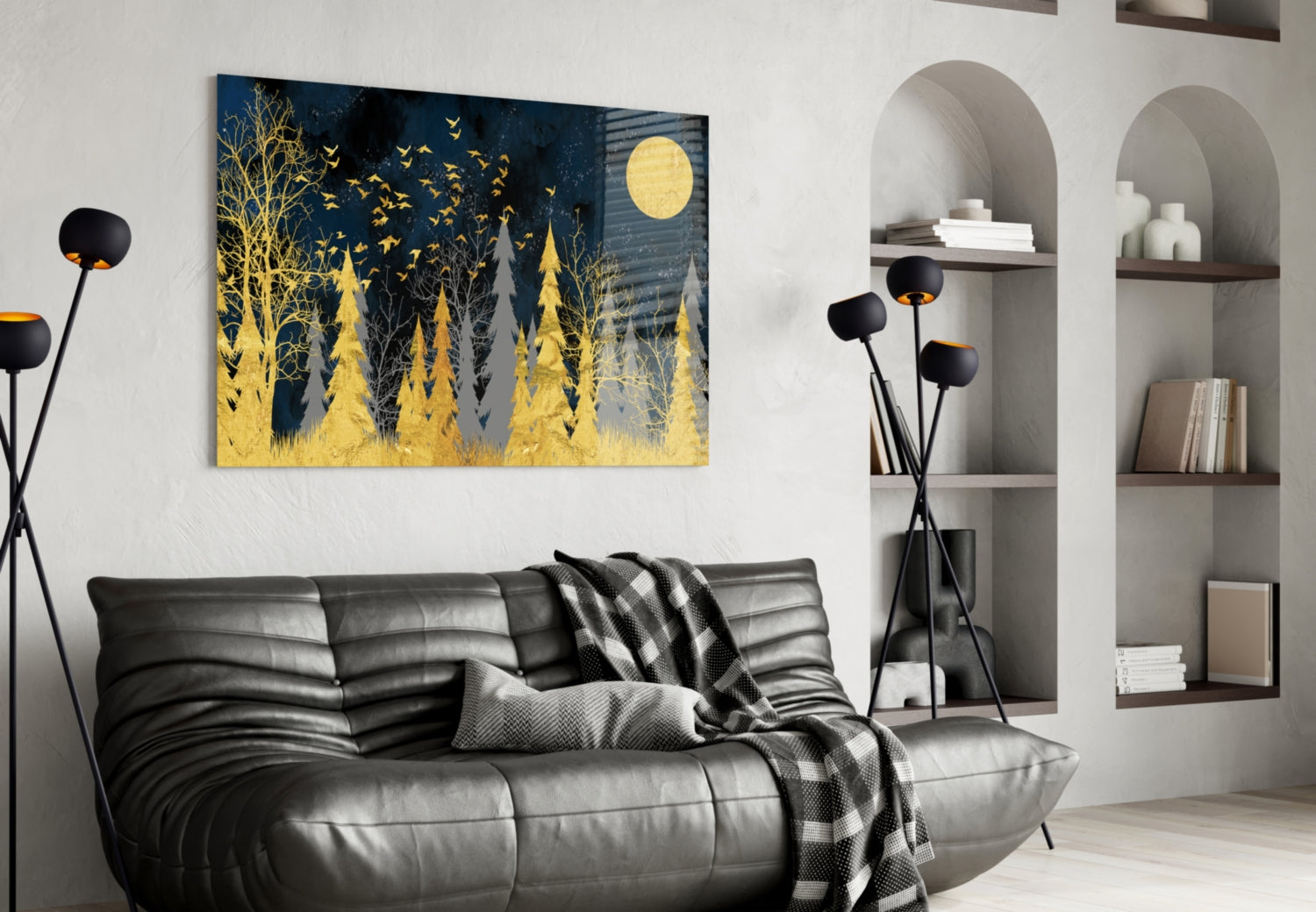 Colors of the Night glass art displayed above black leather sofa in modern living room with arched shelving.