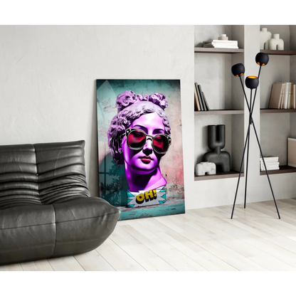 Pop art purple bust wall art with bold red sunglasses and comic oh! bubble