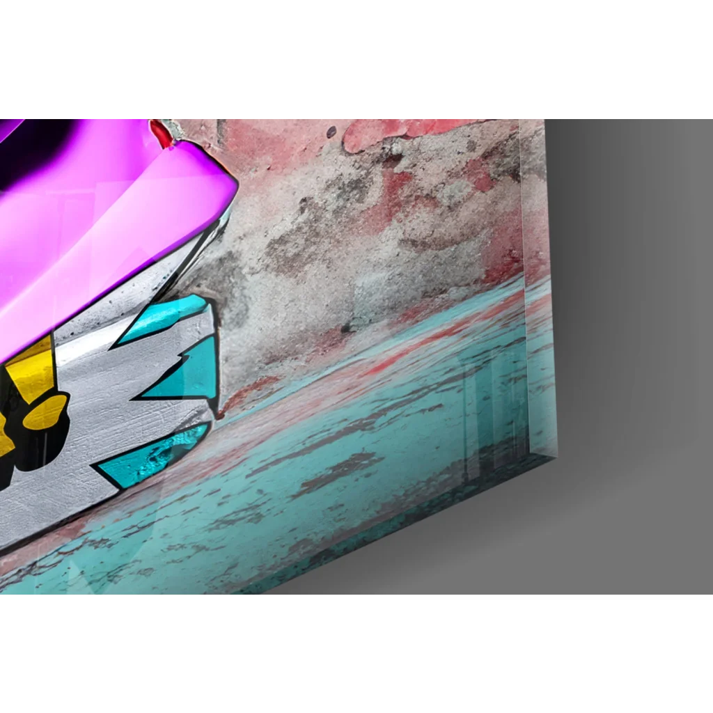 Vibrant graffiti pop art wall bust in purple with red sunglasses on weathered concrete