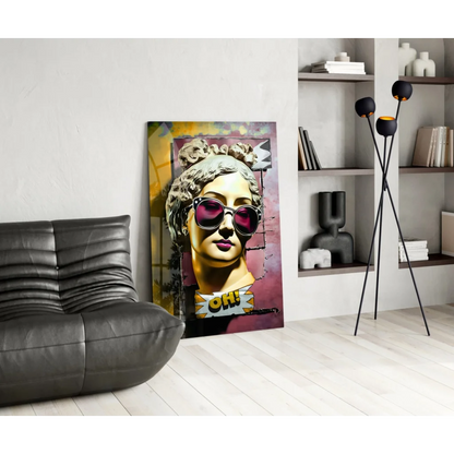 Vibrant pop-art glass wall art of classical bust in pink sunglasses with oh bubble