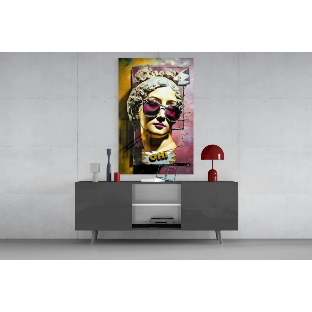 Vibrant pop-art glass wall art of statue head in pink sunglasses and purple lipstick with comic oh bubble