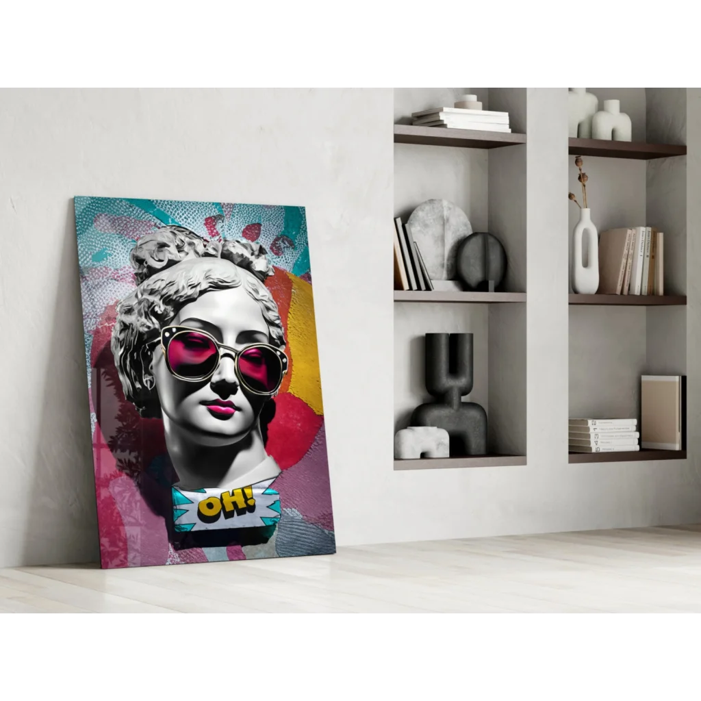 Vibrant pop art canvas wall art of statue bust in pink sunglasses