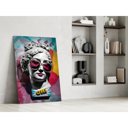 Vibrant pop art canvas wall art of statue bust in pink sunglasses
