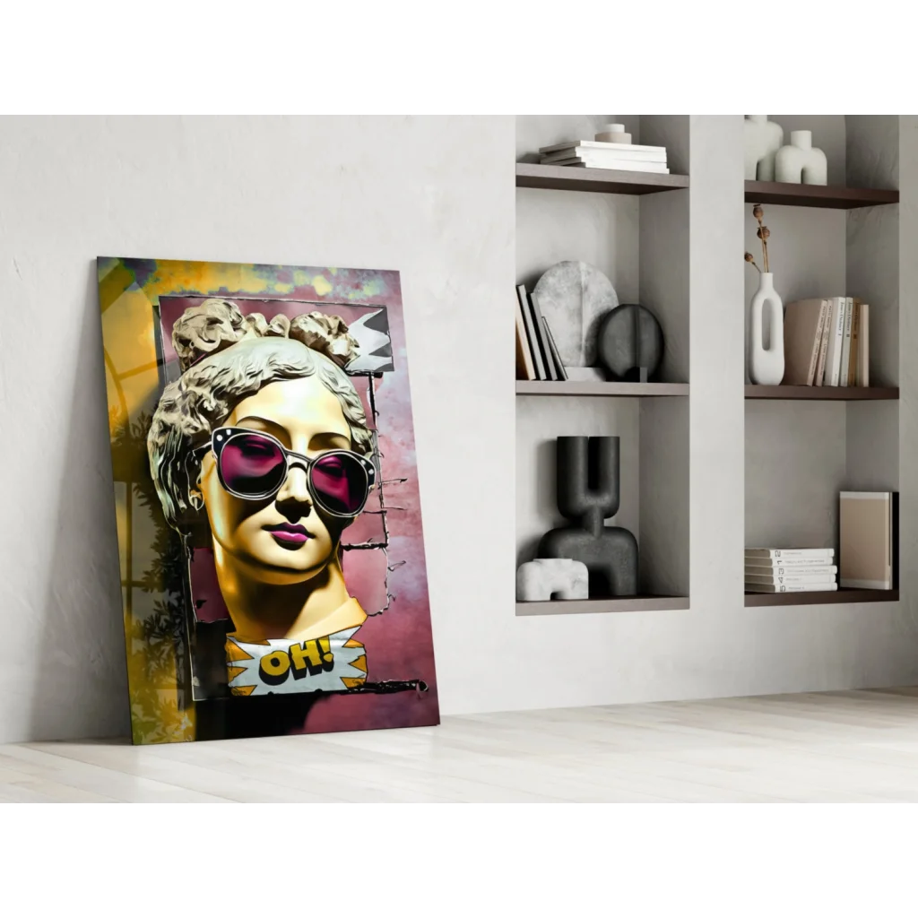 Vibrant pop-art glass wall art of classical statue in pink sunglasses