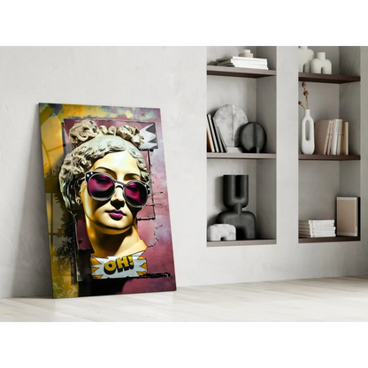 Vibrant pop-art glass wall art of classical statue in pink sunglasses