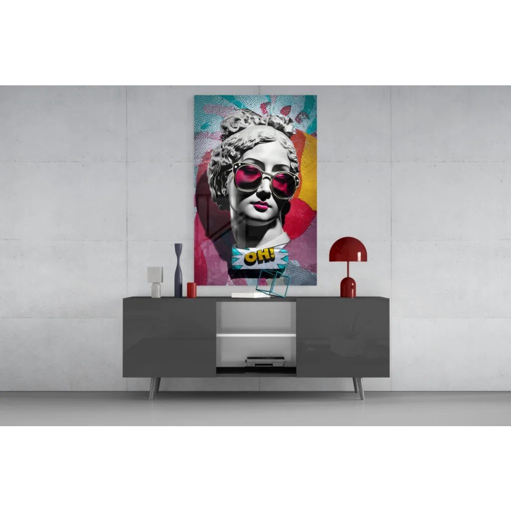 Pop art statue head with bold red sunglasses on colorful canvas wall art