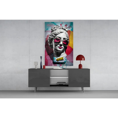 Pop art statue head with bold red sunglasses on colorful canvas wall art