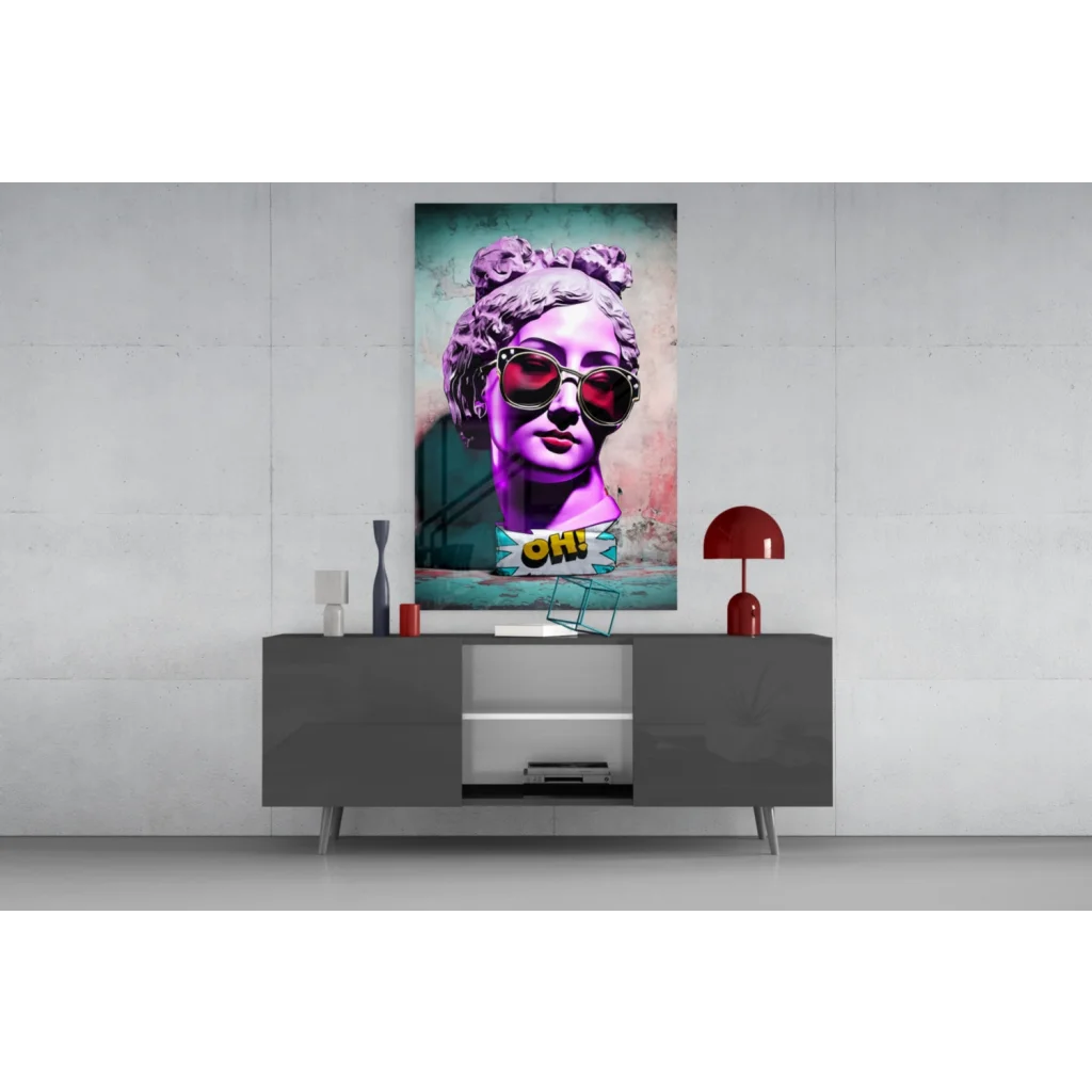 Pop art purple bust wall art with red sunglasses on statue head