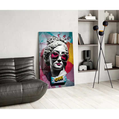 Vibrant pop art portrait canvas wall art with bold pink sunglasses bust