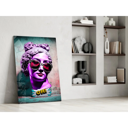 Pop art purple bust wall art with red sunglasses statue print