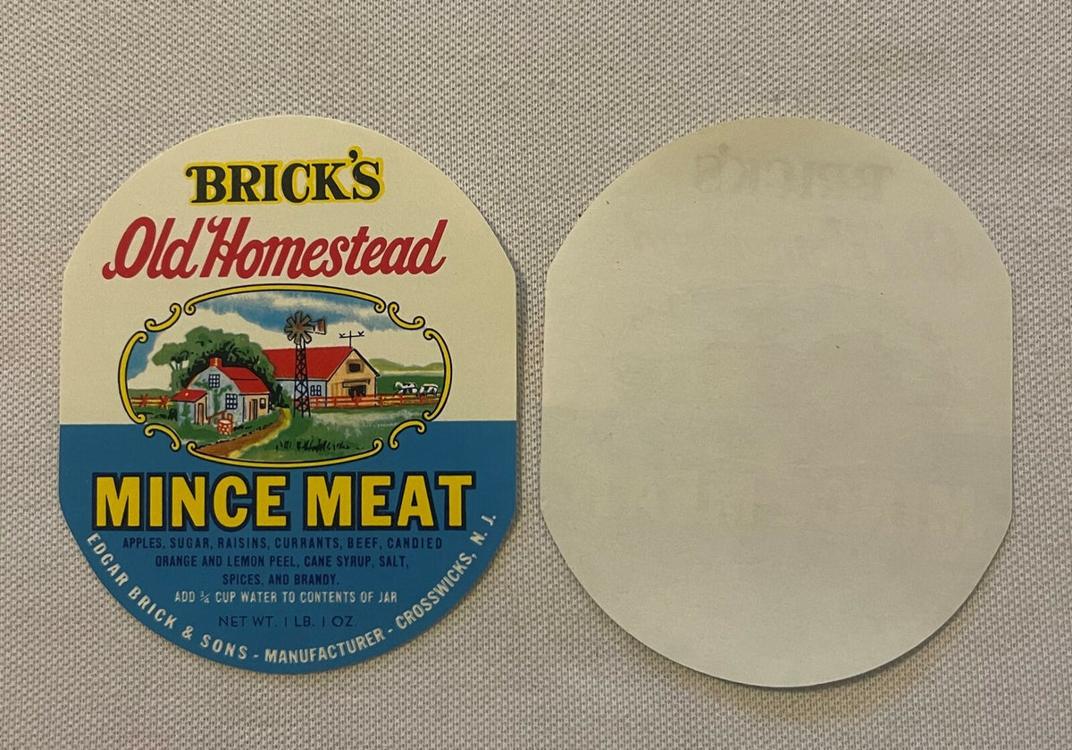 Brick's Old Homestead round mince meat jar label, front beside its blank back