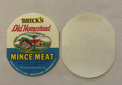 Brick's Old Homestead round mince meat jar label, front beside its blank back