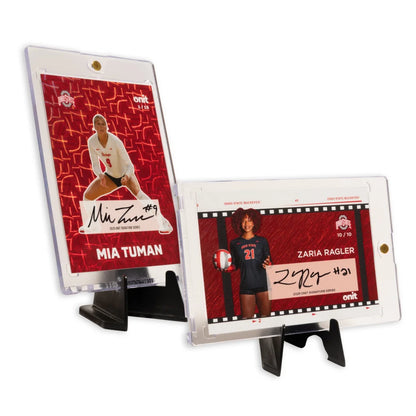 Ohio State volleyball trading cards in platinum box on red white stand