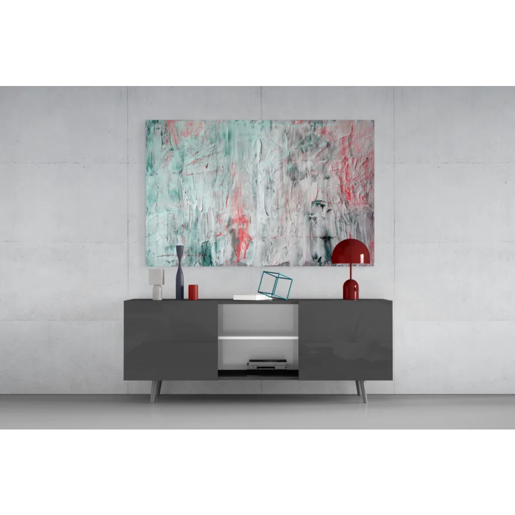 Textured abstract canvas wall art in teal, pink, and gray