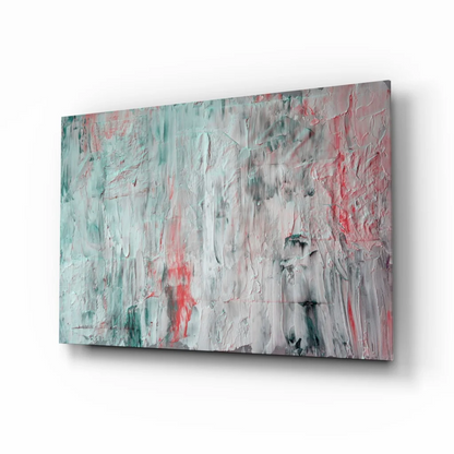Textured abstract wall art canvas in muted teal, gray, and vibrant red