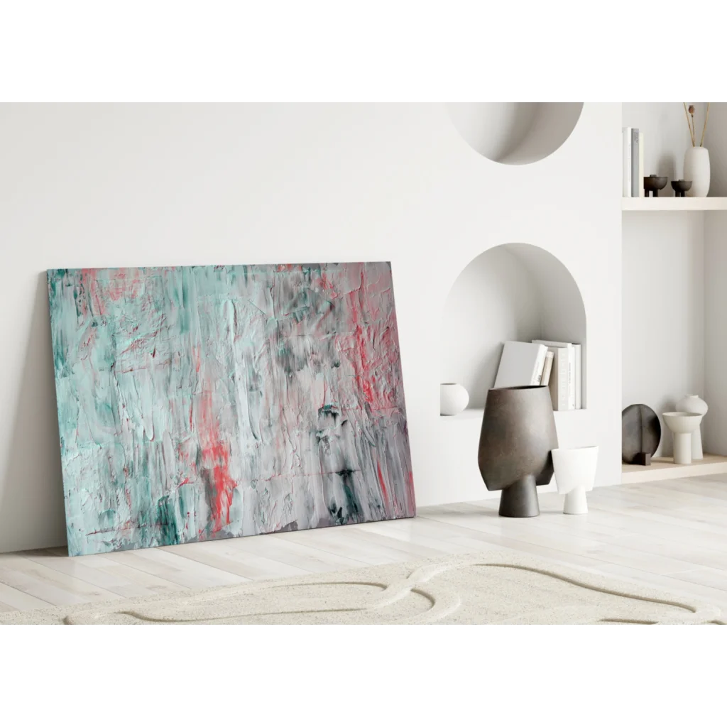 Textured abstract wall art canvas in muted teal, pink, gray tones