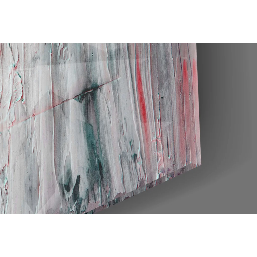 Textured abstract canvas wall art in teal, pink, and gray with vertical brushstrokes
